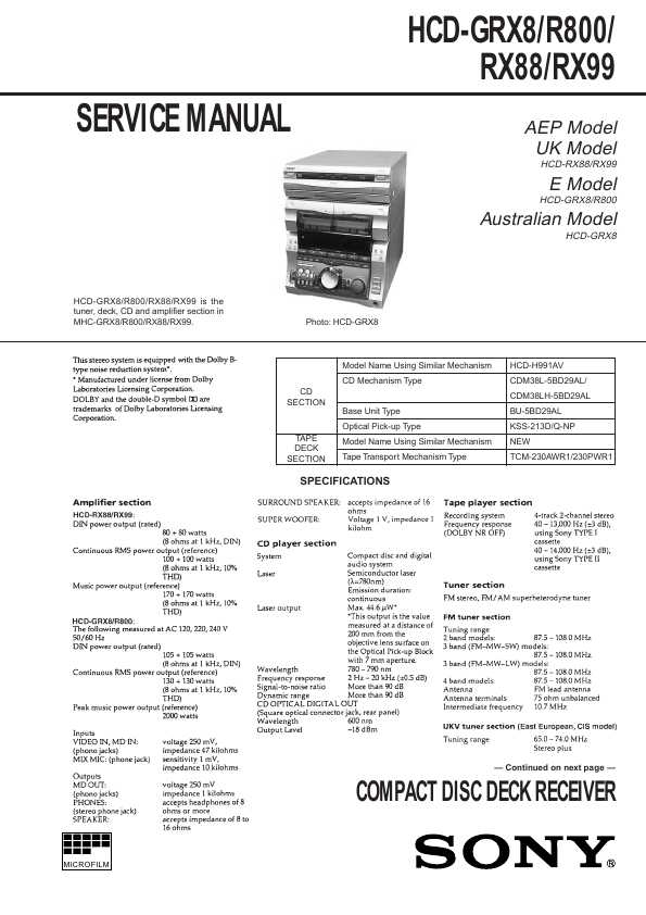 Сервисная Инструкция Sony HCD-GRX8, HCD-R800, HCD-RX88, HCD-RX99.